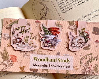 Woodland Study Magnetic Bookmark Set | Forest Themed Bookmark Pack | Natural Bookmark Bundle | Dark Naturalism | Fossil Bone Skull Bookmark