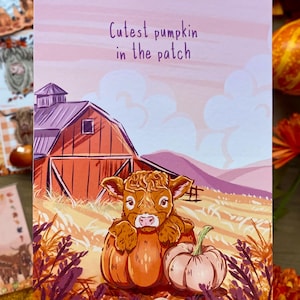 Highland Cow Greeting Card – Rustic Farmhouse Card, Cute Autumn Stationery, Cow Lover Gift, Cozy Fall Pumpkin & Scottish Highland Cow Print