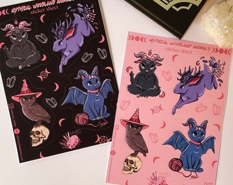 Hoja de pegatinas de Halloween estilo gótico pastel: Animales míticos del bosque y el folclore - Baphomet, Jackalope, criaturas fantásticas. Papelería.