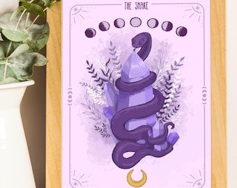 Lámina de serpiente y amatista / Decoración de brujas inspirada en el tarot / Arte espiritual de temporada espeluznante / Decoración bohemia oscura / Lámina de oráculo de serpiente