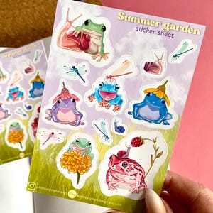 Foglio di adesivi di rane e rospi "Giardino estivo"/ Cancelleria per diario primaverile/ Illustrazione decorativa di rane per planner, bujo e album di ritagli