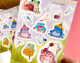 Hoja de pegatinas de rana y sepo “Jardín de verano” / Papelería para diario de primavera / Ilustración decorativa de ranitas para agendas, bullet journals y álbumes de recortes
