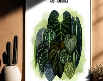 Lámina de follaje de anturio / Arte mural de plantas de interior exóticas / Ilustración de aráceas raras / Arte botánico de plantas para la sala de estar / Regalo para amantes de las plantas