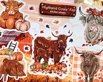 Hoja de pegatinas de otoño de vacas de las Tierras Altas – Colección Otoño 2025: Papelería de vaca para Bullet Journals y agendas, ilustración de calabaza