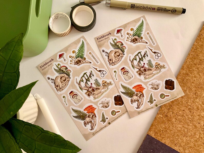 May include: Two sticker sheets with illustrations of animal skulls, mushrooms, ferns, and other botanical elements. The stickers are labeled "Fieldwork" and feature a variety of detailed designs in shades of brown, green, and orange. Other stationery items are in the background.