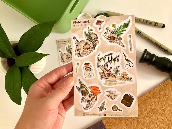 Fieldwork Sticker Sheet | Dark Academia Sticker | Aesthetic Dark Nature Woodland Stickers | Vintage Paleo Art | Memento Mori | Animal Skull