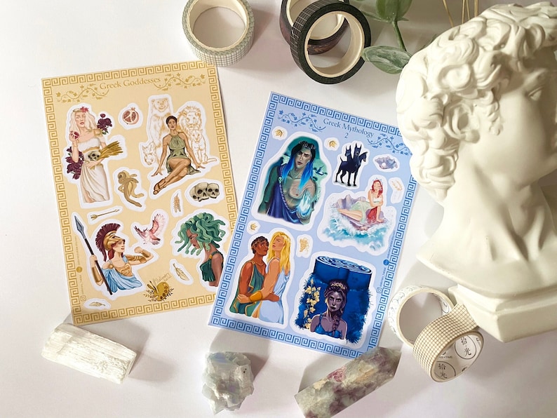 Foiled Greek Mythology Sticker Sheet Bundle: Greek Myth Characters for Bullet Journaling, Planner Stickers, Medusa & Circe Illustration image 1