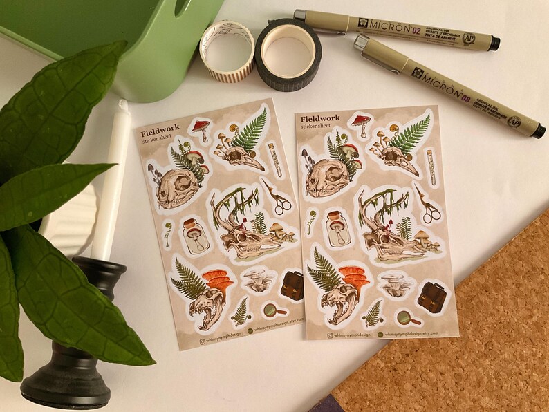 May include: Two sticker sheets with a nature-themed design featuring skulls, mushrooms, and ferns. The stickers are tan with illustrations in shades of brown, green, and orange. The text "Fieldwork sticker sheet" is printed on the top left corner.