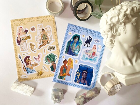 Foiled Greek Mythology Sticker Sheet Bundle: Greek Myth Journal Planner Stickers, Medusa & Circe Illustration, Hades and Persephone Stickers