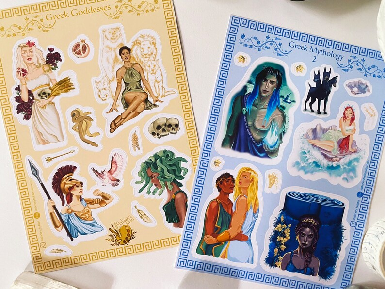 Foiled Greek Mythology Sticker Sheet Bundle: Greek Myth Characters for Bullet Journaling, Planner Stickers, Medusa & Circe Illustration Yellow sticker sheet