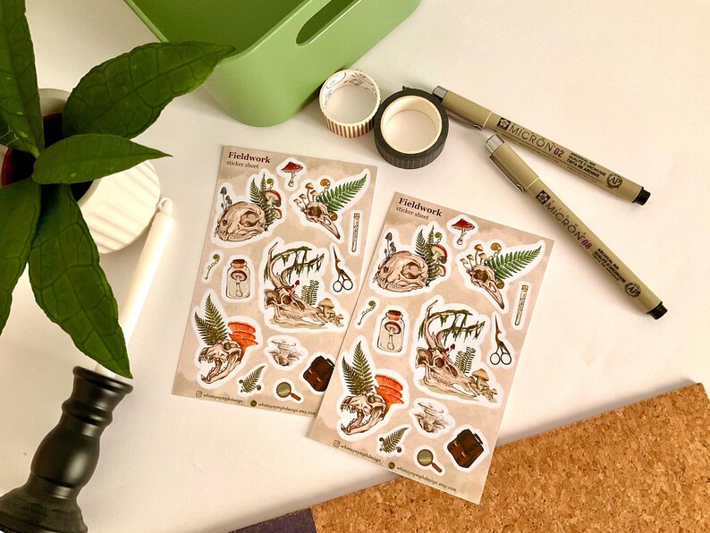 May include: Two sticker sheets with a Fieldwork theme, featuring illustrations of skulls, mushrooms, ferns, and other natural elements. Also visible are two Micron 02 pens, washi tape, and a green container. The stickers have a vintage aesthetic.