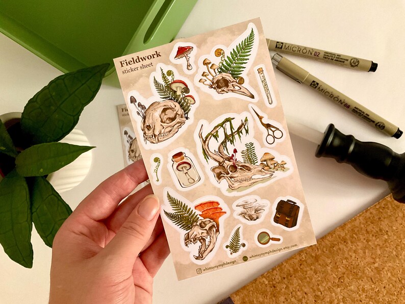 May include: A sticker sheet labeled "Fieldwork" featuring illustrations of animal skulls, mushrooms, ferns, and other botanical elements. The stickers are in a natural color palette with detailed line art. The sheet is held by a person's hand.