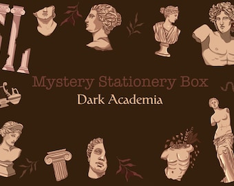 Caja misteriosa de papelería Dark Academia: Caja de regalo de mitología griega, caja misteriosa vintage de libros, set de pegatinas y marcapáginas con estatuas griegas, washi e impresión.