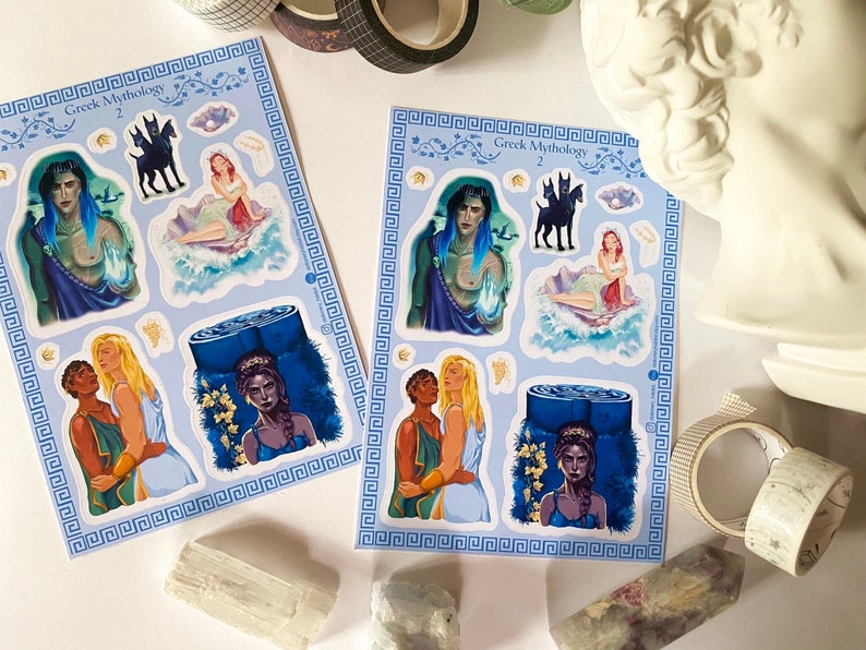 Foiled Greek Mythology Sticker Sheet Bundle: Greek Myth Characters for Bullet Journaling, Planner Stickers, Medusa & Circe Illustration Blue sticker sheet