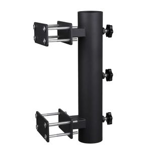 May include: Black metal umbrella stand with two adjustable arms and black knobs. The stand is designed to be mounted to a pole or post.