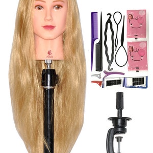 May include: A blonde mannequin head with long straight hair on a black stand. The mannequin is wearing a black clamp. The image also shows a variety of hair styling tools, including combs, clips, and hair ties.