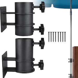 May include: Black metal patio umbrella stand with a clamp that attaches to a deck post. The stand has a black knob for tightening the clamp. The stand is designed to hold a patio umbrella.