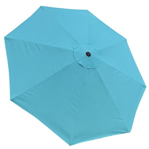May include: A turquoise outdoor umbrella with a central black cap. The umbrella's canopy is a solid, light blue color, and it is open, displaying its octagonal shape. The fabric appears smooth and taut, suggesting it is made of a durable material.