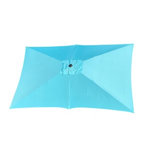 May include: A light blue square patio umbrella with a black button on top.
