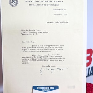 J Edgar Hoover firmó la carta original del FBI de 1957 Autenticación Beckett