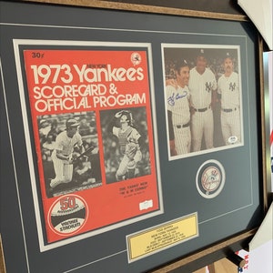 Yogi Berra Signed Yankees Photo and Original Score Card and Yankees Pin PSA Authentication