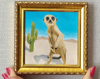 мини картина маслом ручной работы meerkat смешной  милый миниатюрная живопись 4*4  настенное искусство  оригинальная живопись mini art