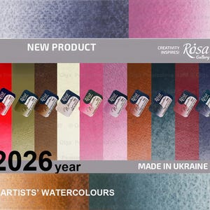 Puede incluir: Un juego de acuarelas con una variedad de colores, incluyendo rojo, verde, marrón, rosa y azul. Incluye el texto "NUEVO PRODUCTO", "año 2026" y "HECHO EN UCRANIA". La marca "Rósa Gallery" también es visible.