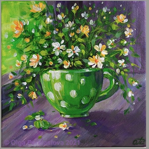 Taza con flores. Pintura sobre lienzo original. Pintura acrílica. Arte original. Pintura para decoración. Ramo brillante. Ramo de verano. El mejor regalo