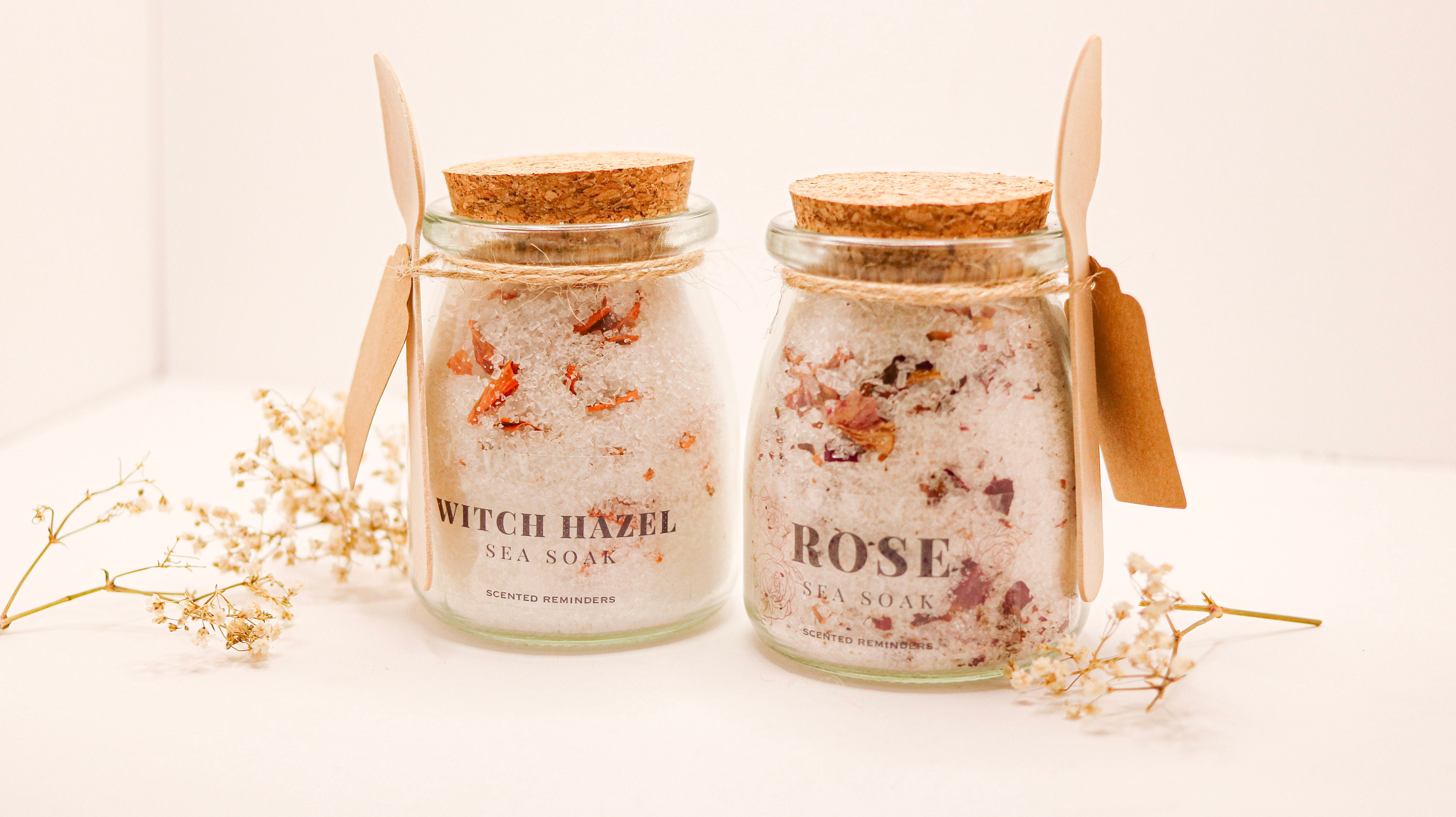Bath Salts in a Glass Jar With Cork Lid, Spoon & Tag With Essential
