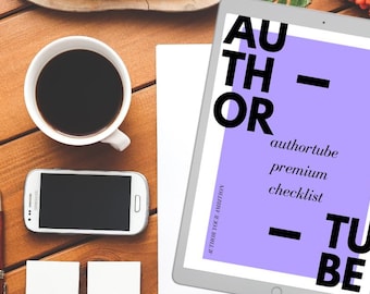 May include: A purple and white digital tablet with the text "AUTHOR - authortube premium checklist - TUBE" on the screen.