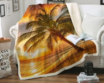 Tropical Sunset Blanket Ocean Themed Throw Beach Scene Coastal Bedspread Oversize Queen Size Sherpa Fleece Palm Tree Bed Cover