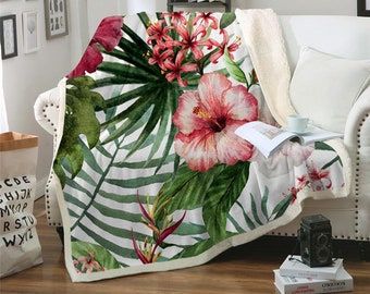 Tropical Hibiscus Blanket Floral Throw Hawaii Flower Bedspread Oversize Queen Size Sherpa Fleece Palm Leaves Bed Cover