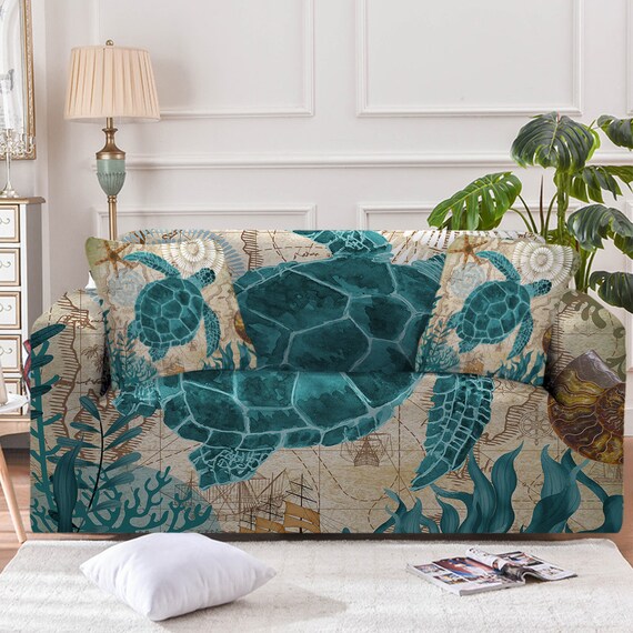 Sea Turtle Couch Cover Nautical Sofa Slipcover Beach Ocean Etsy