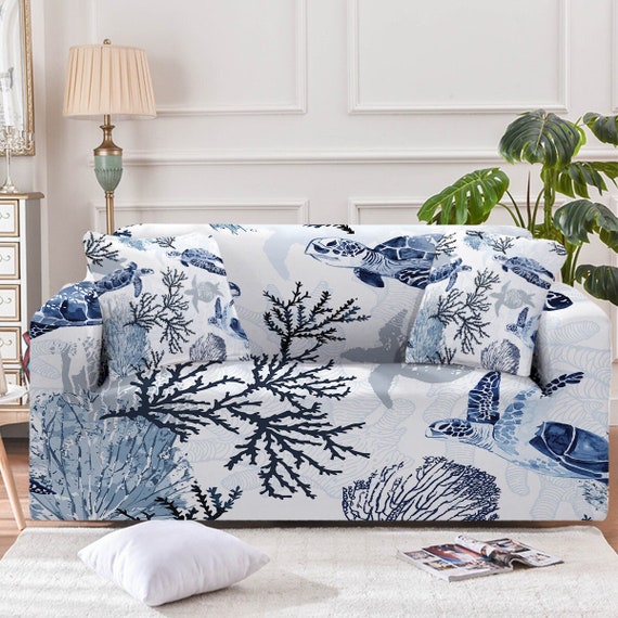 Sea Turtles Couch Cover Sofa Slipcover Blue Coral Beach Ocean Theme  Armchair Loveseat Oversize Sofa Furniture Protector 