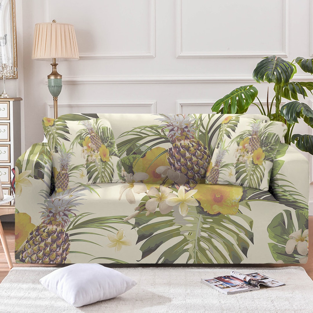 Tropical Couch Cover, Sofa Slipcover, Palm Tree Leaves and Hibiscus