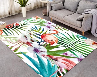 Alfombra de área floral tropical, alfombra de follaje, alfombra de orquídeas flamencas y hojas de palma, decoración estilo jungla - alfombra interior o junto a la piscina