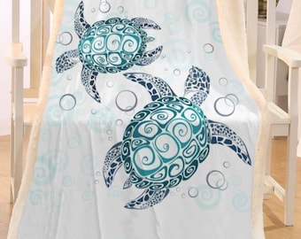 Sea Turtle Twist Blanket Sealife Throw Beach Ocean Themed Bedspread  Oversize Queen Size Sherpa Fleece Bed Cover