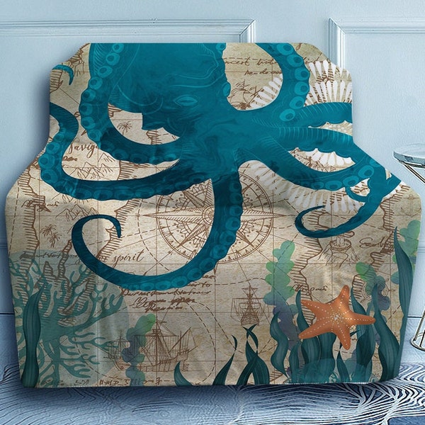 Nautical Armchair Cover, Octopus Chair Slipcover, Beach Ocean Theme Furniture Protector, Coastal Decor