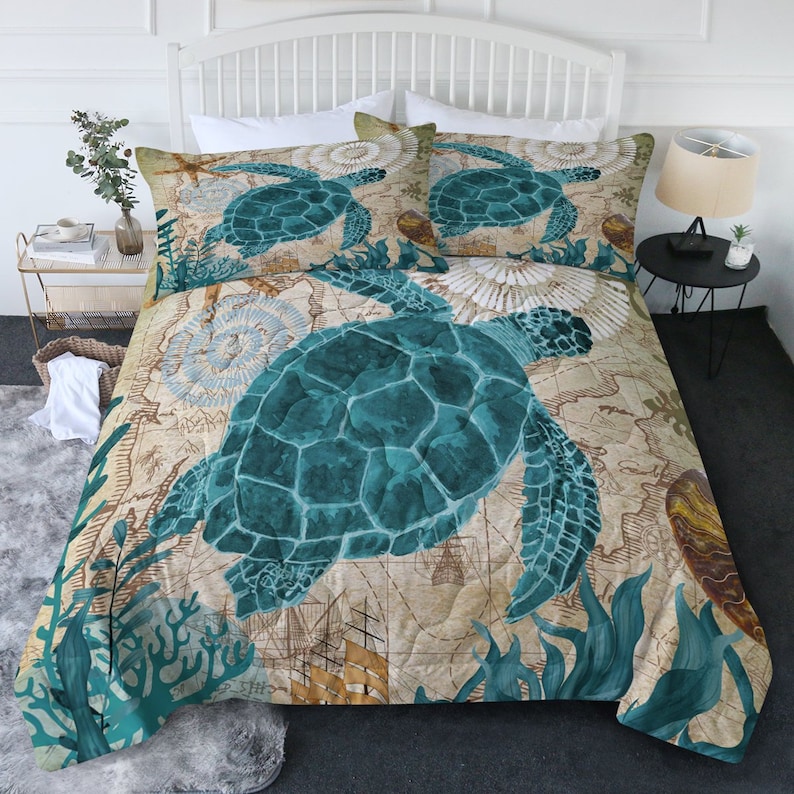 Sea Turtle Comforter Set Beach Sealife Bedding Ocean Theme King Queen
