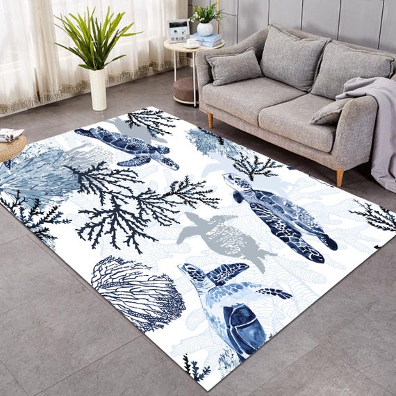 Blue Turtle Area Rug Coastal Floor Mat Ocean Beach Theme Carpet
