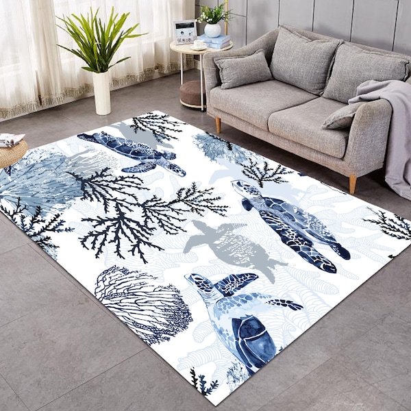 Tapis de zone de tortue bleue, tapis de sol côtier, tapis de thème de plage d'océan, décor nautique de vie de mer - tapis d'intérieur ou de piscine