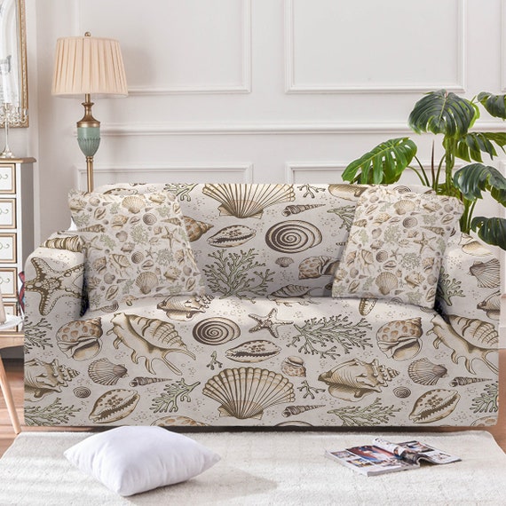Couch Cover With Brown Seashells Design Stretch Sofa Slipcover