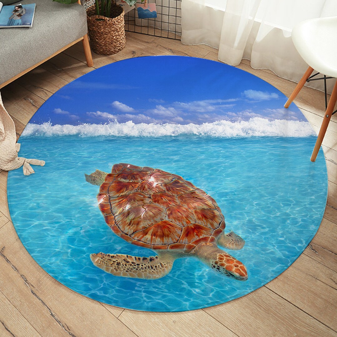 Sea Turtle Area Rug, Marine Sealife Round Floor Mat, Beach Themed