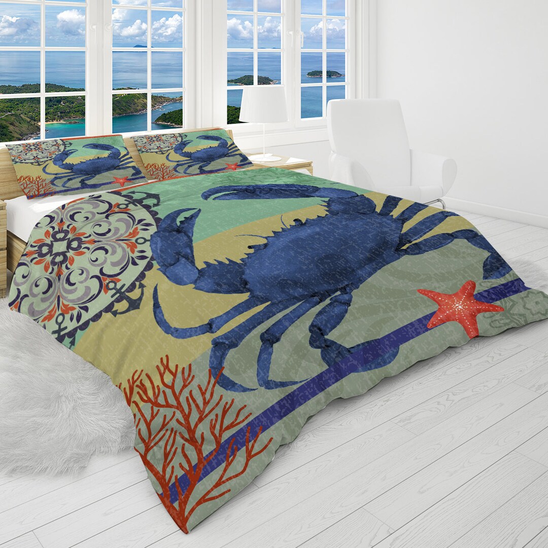 Sea Crab Comforter, Marine Life Quilt, Beach Ocean Sealife Bedding