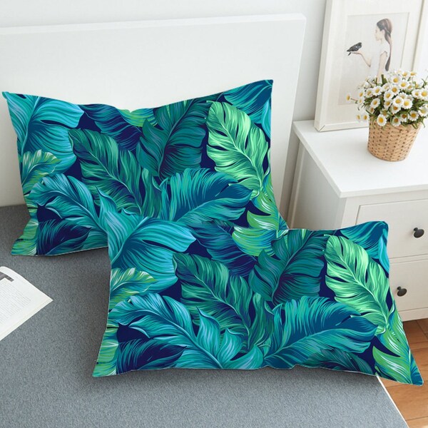 Feuilles tropicales Oreiller Shams, Geen Feuillage Taies d’oreiller, Taies d’oreiller hawaïennes, Standard - Slips d’oreiller Queen Size