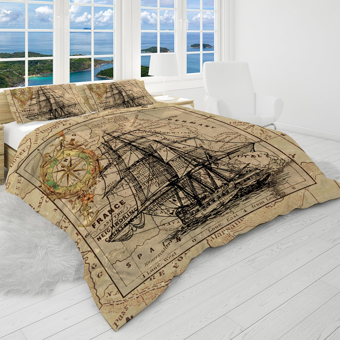 Nautical Comforter Vintage Chart Reversible Quilt Vessel Ship Bedding