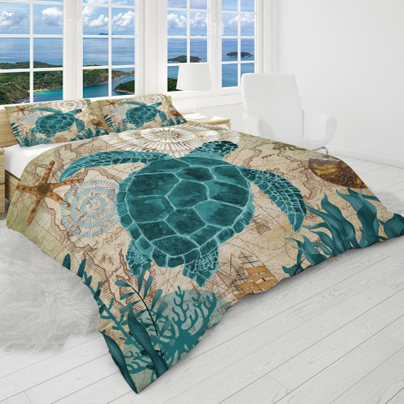 Sea Turtles Reversible Comforter, Coastal Bedding Set, Honu Quilt, Nautical  Chart Bedspread King, Queen, Full, Twin Size Bedcover 