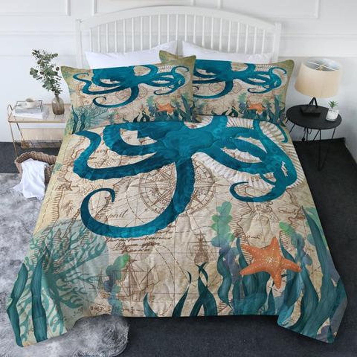 Octopus Comforter Set Sealife Bedding Ocean Themed Quilt King Queen