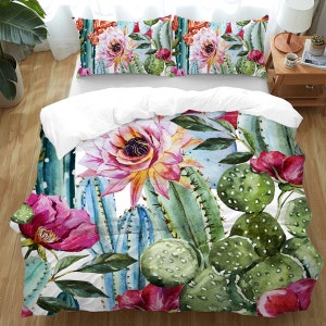 Housse de couette florale, housse de couette colorée, ensemble de literie Cactus, housse de couette fleurs, couvre-lit tropical King, Queen, Full, Twin Size image 1