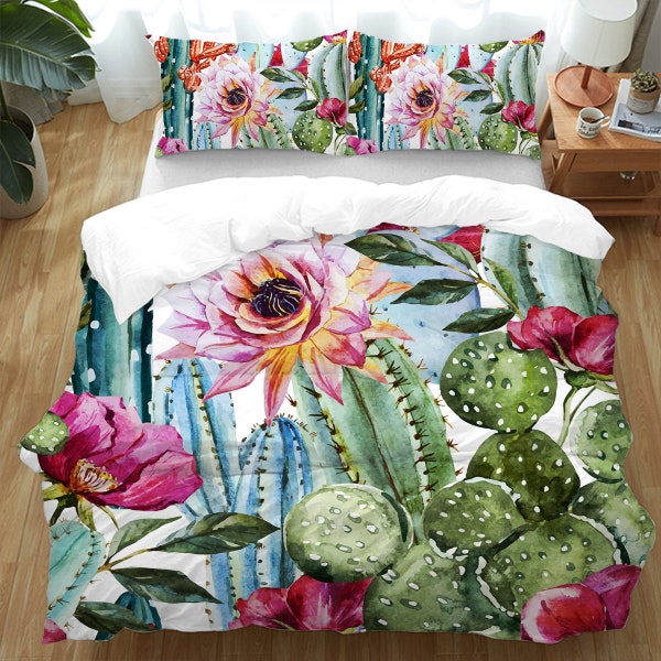 Housse de couette florale, housse de couette colorée, ensemble de literie Cactus, housse de couette fleurs, couvre-lit tropical - King, Queen, Full, Twin Size